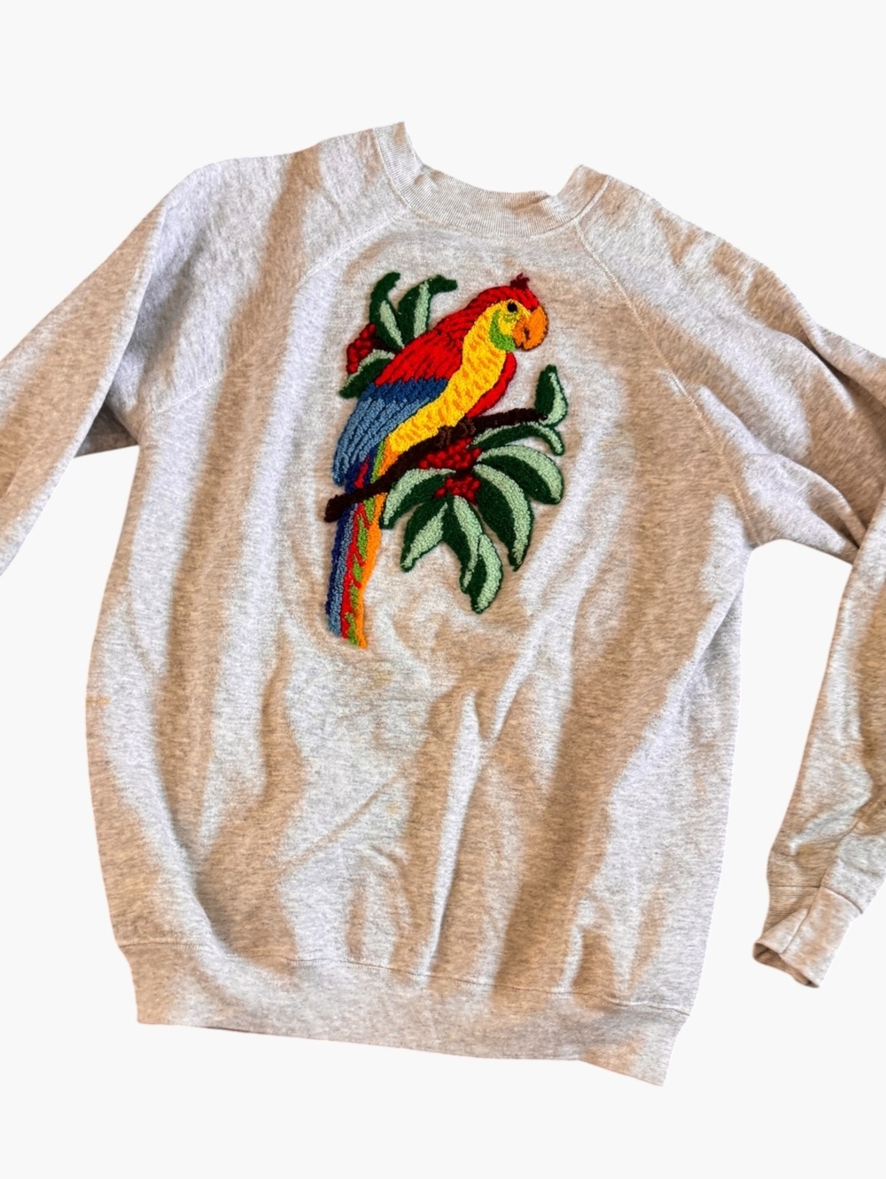 Vintage Gray Sweatshirt with Colorful Parrot Embroidery, Long Sleeve Pullover XL